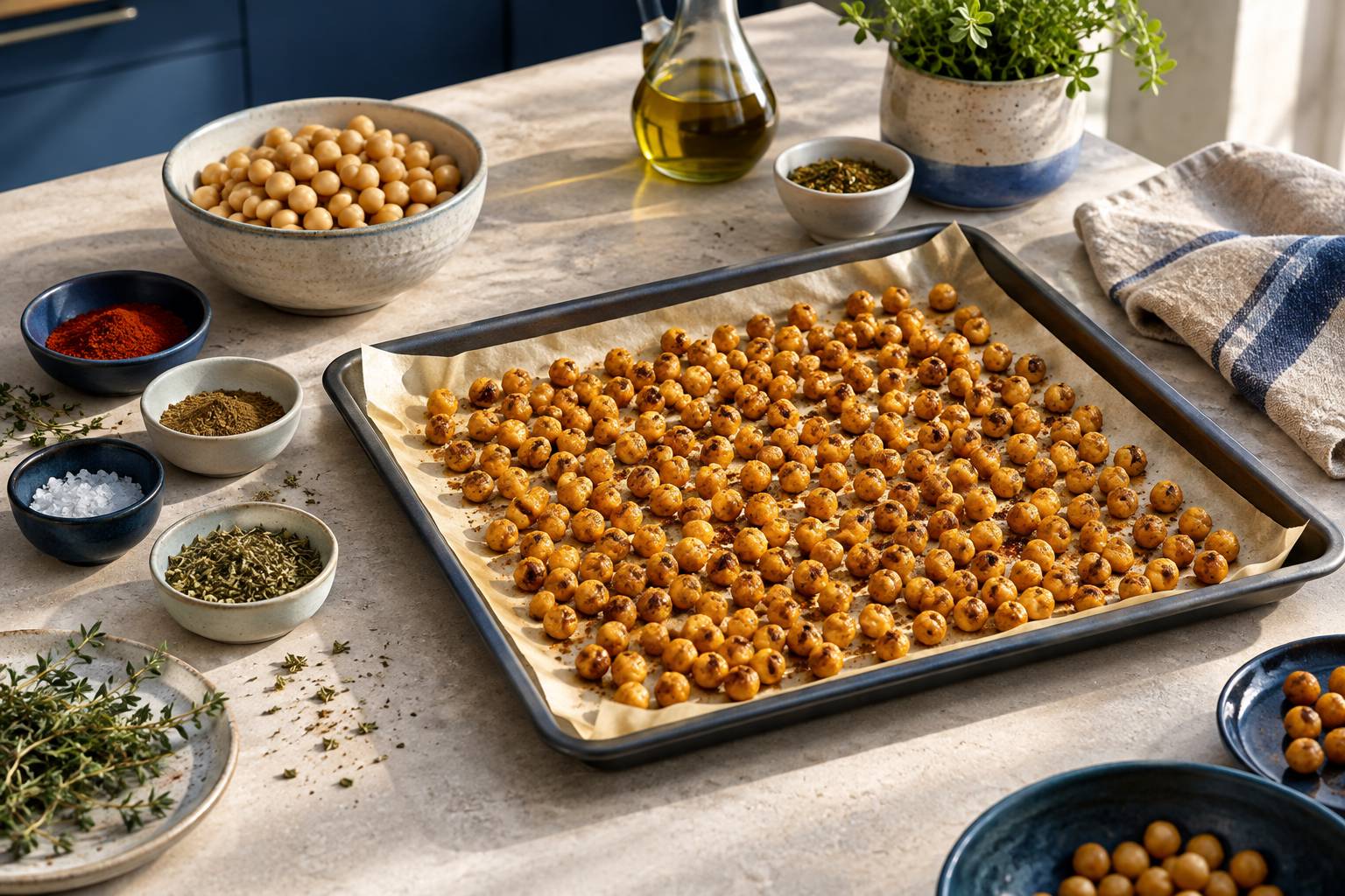 Pois chiches grillés sur une plaque de four avec épices