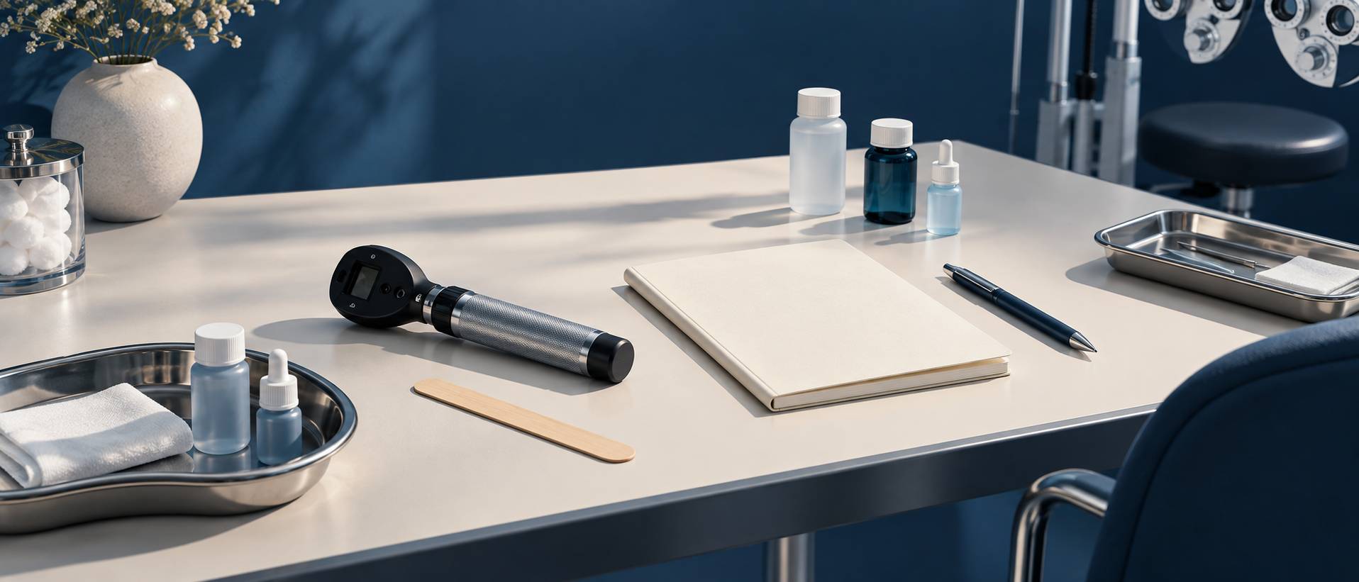 Cabinet d'examen médical générique avec lampe d'examen et table d'instruments