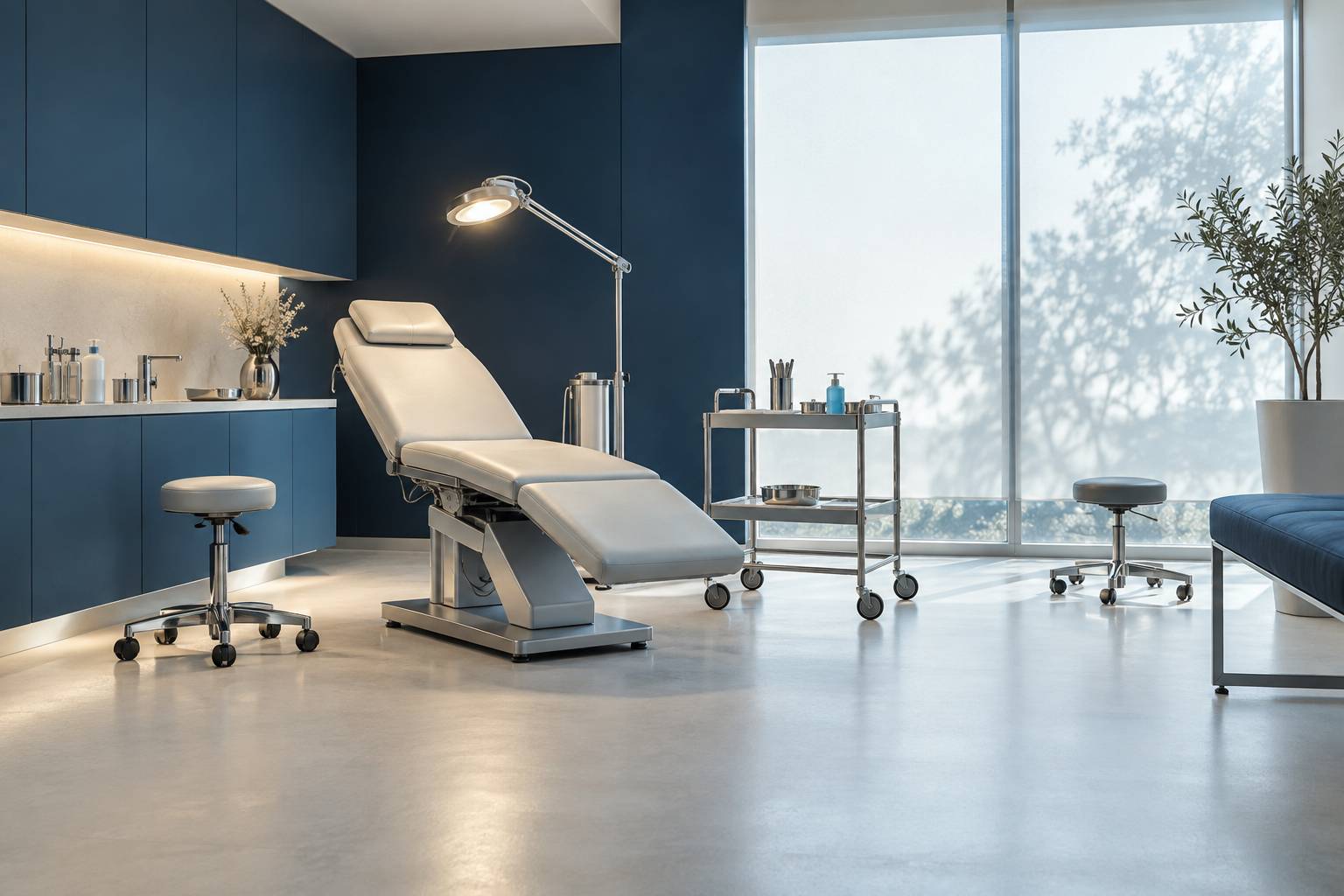 Cabinet d'examen médical générique avec lampe d'examen et table d'instruments