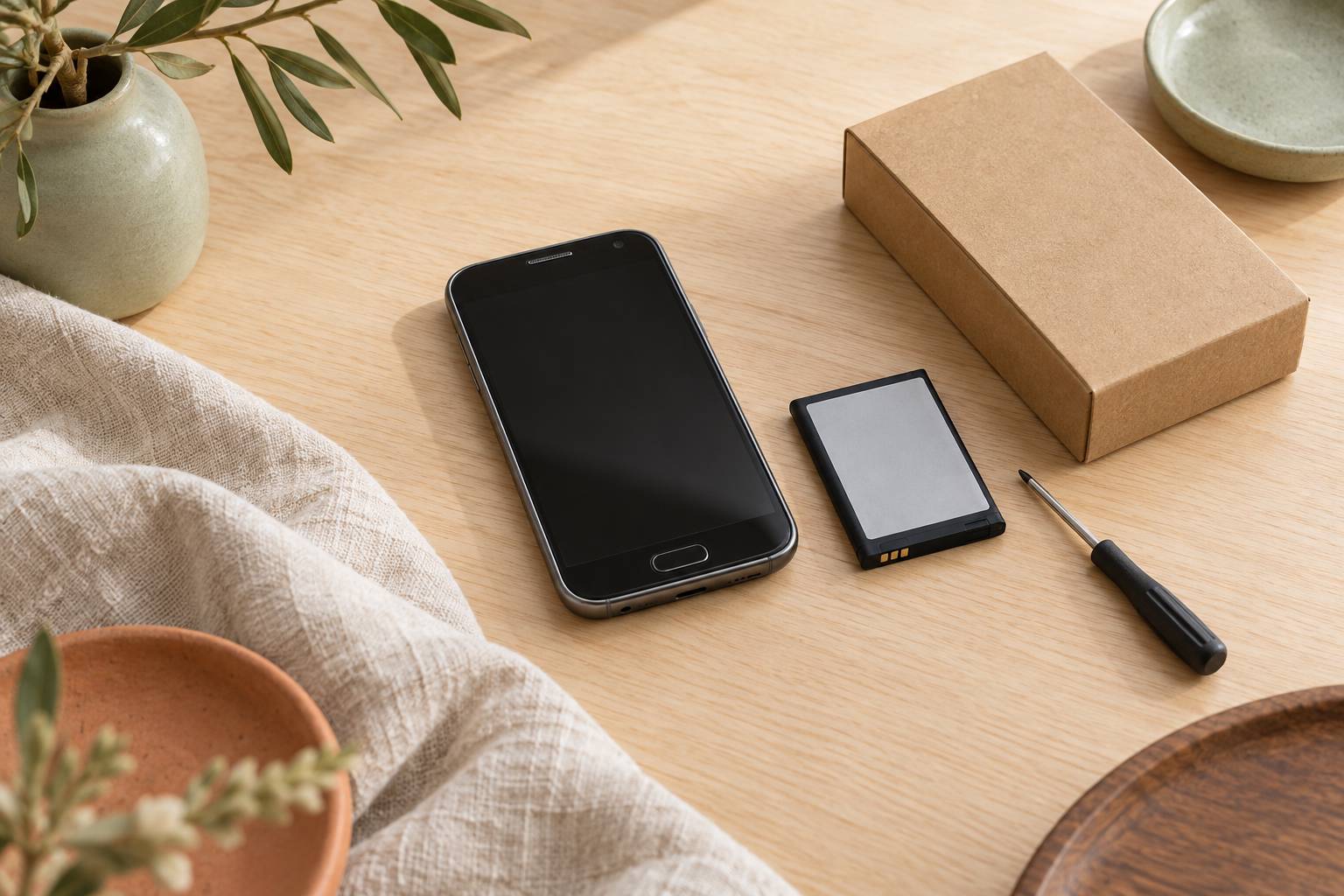 Smartphone ancien et petit outillage poses sur un plan de travail clair