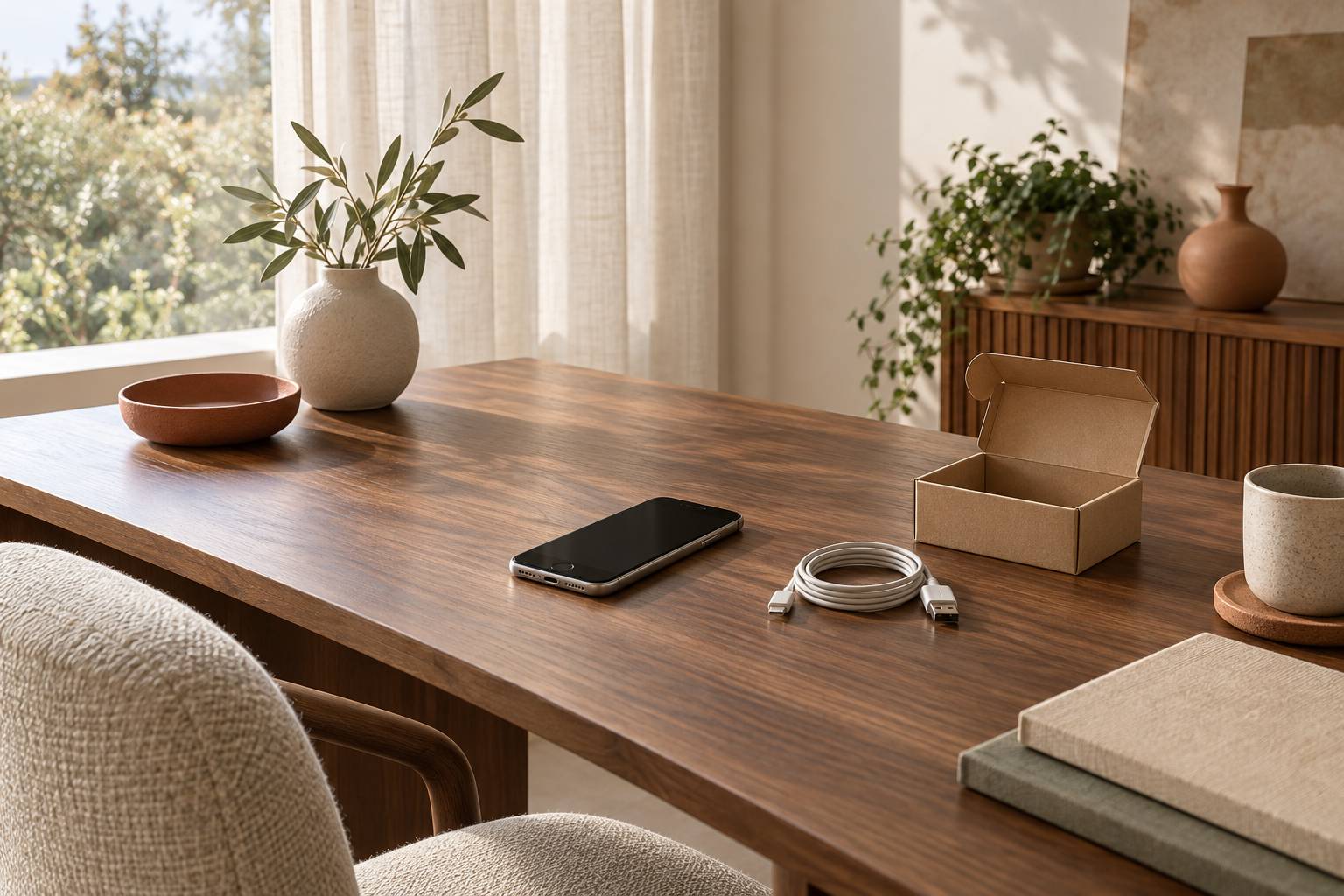 Vieux smartphone eteint pose sur une table en bois pres d'un cable et d'une boite en carton