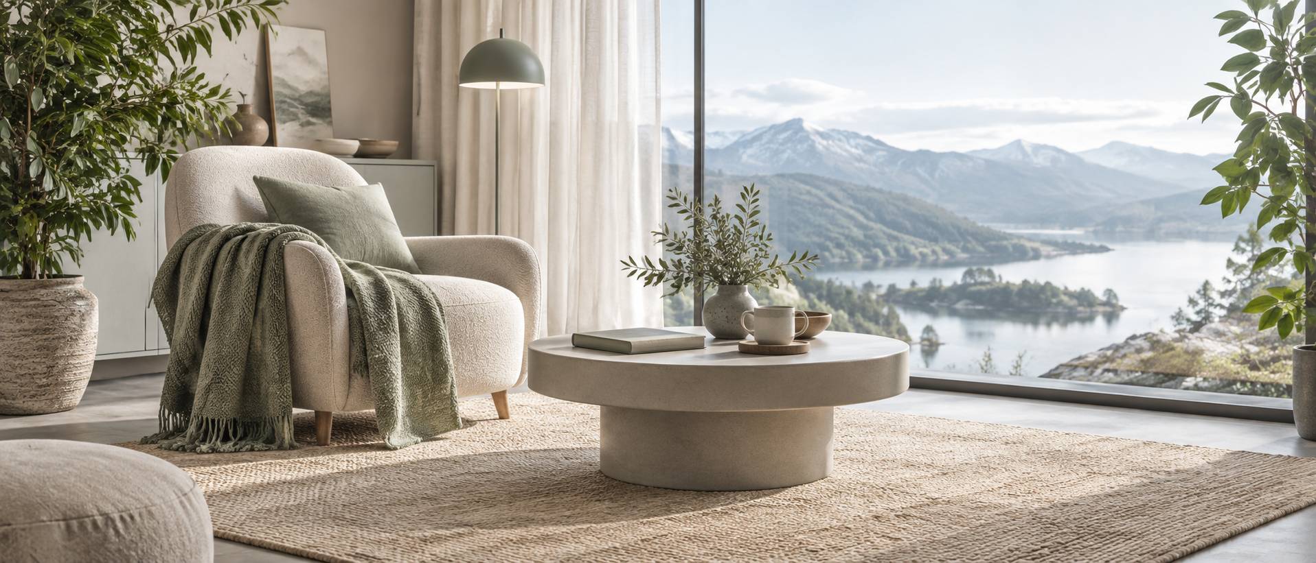 Coin repos avec fauteuil et plaid pres d'une grande fenetre