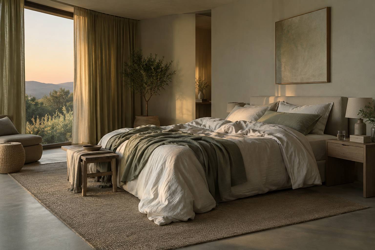 Chambre sobre en soiree avec draps de lin et lampe tamisee