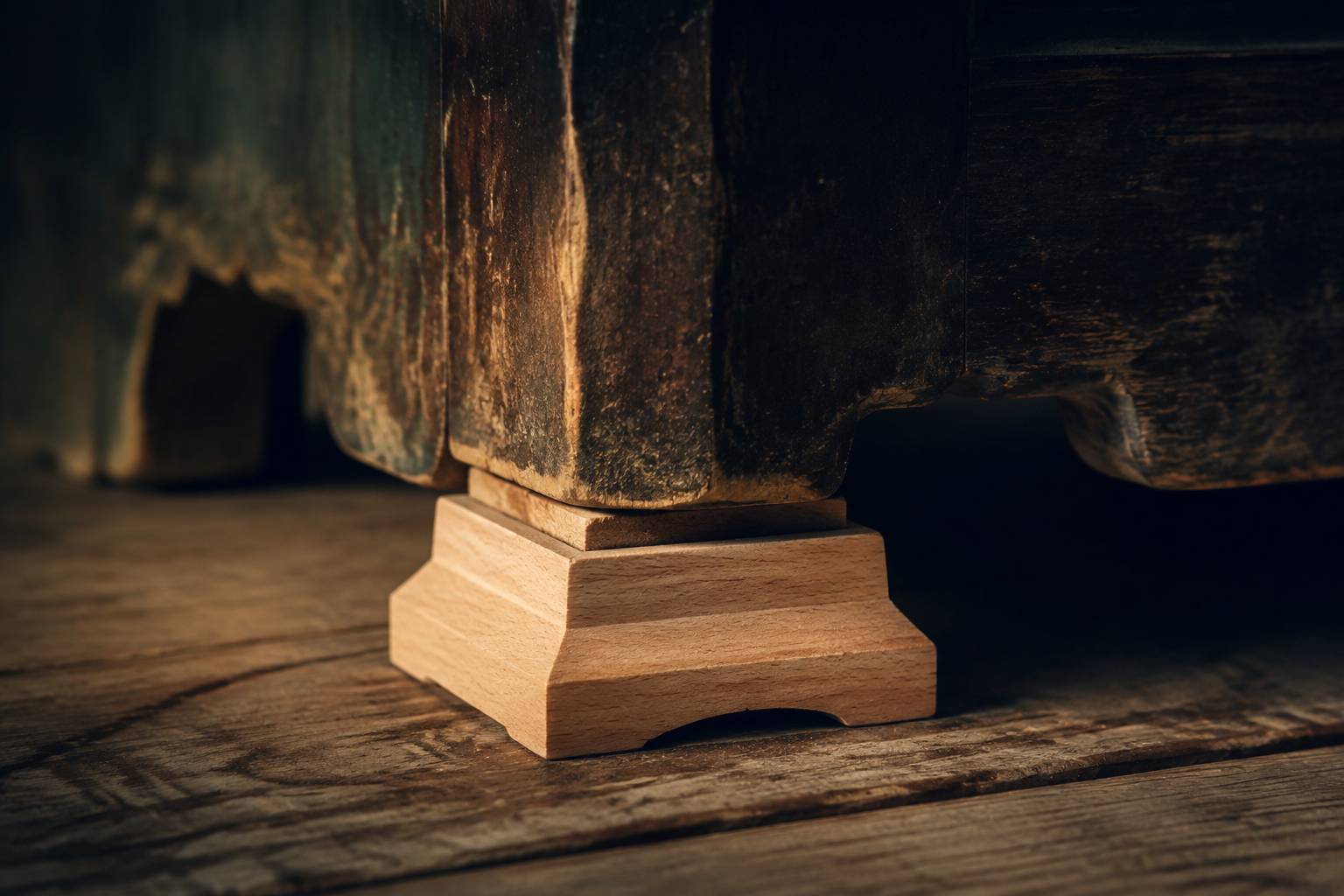 Cale en bois glissée sous le pied d’une armoire ancienne pour stabiliser le meuble