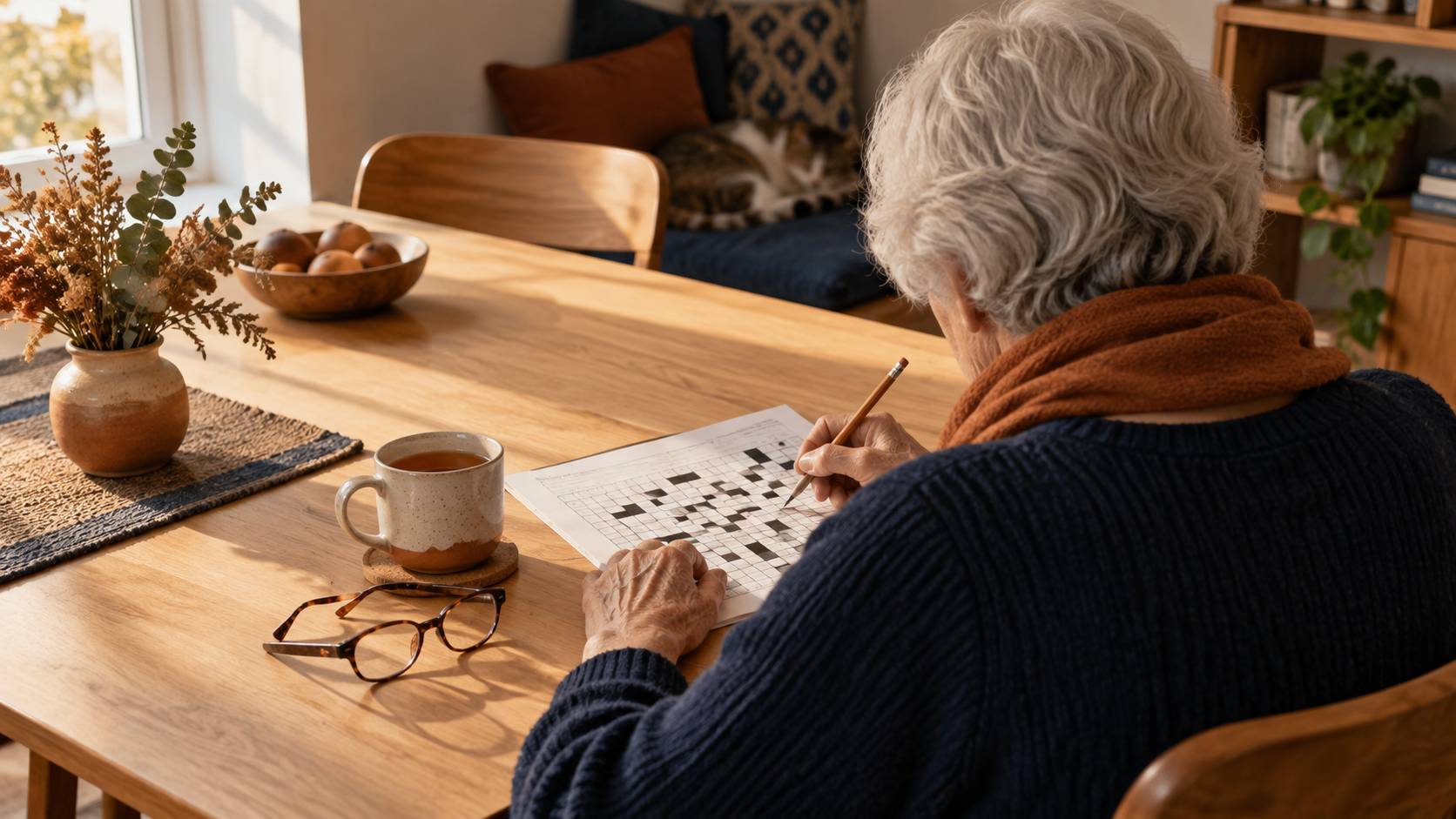 Personne âgée vue de dos faisant des mots croisés dans un salon lumineux