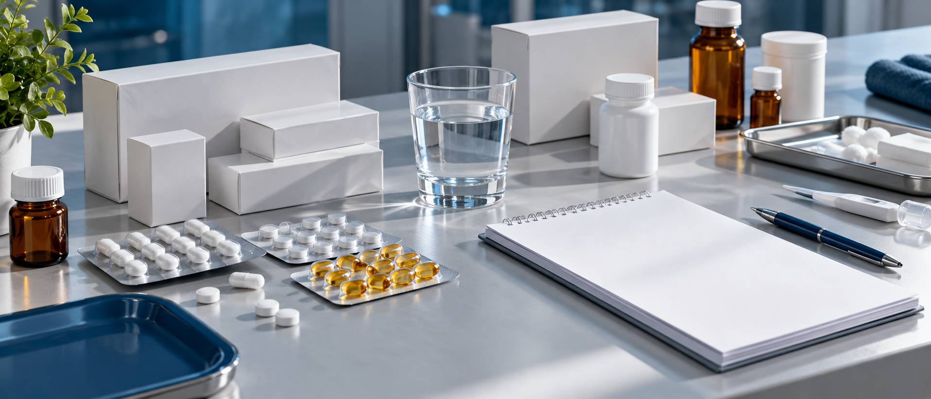 Table de pharmacie avec boîtes neutres, blisters, verre d'eau et carnet vierge