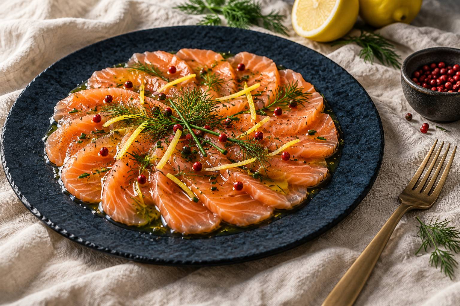 Carpaccio de saumon cru aux baies roses et zestes de citron sur une ardoise sombre