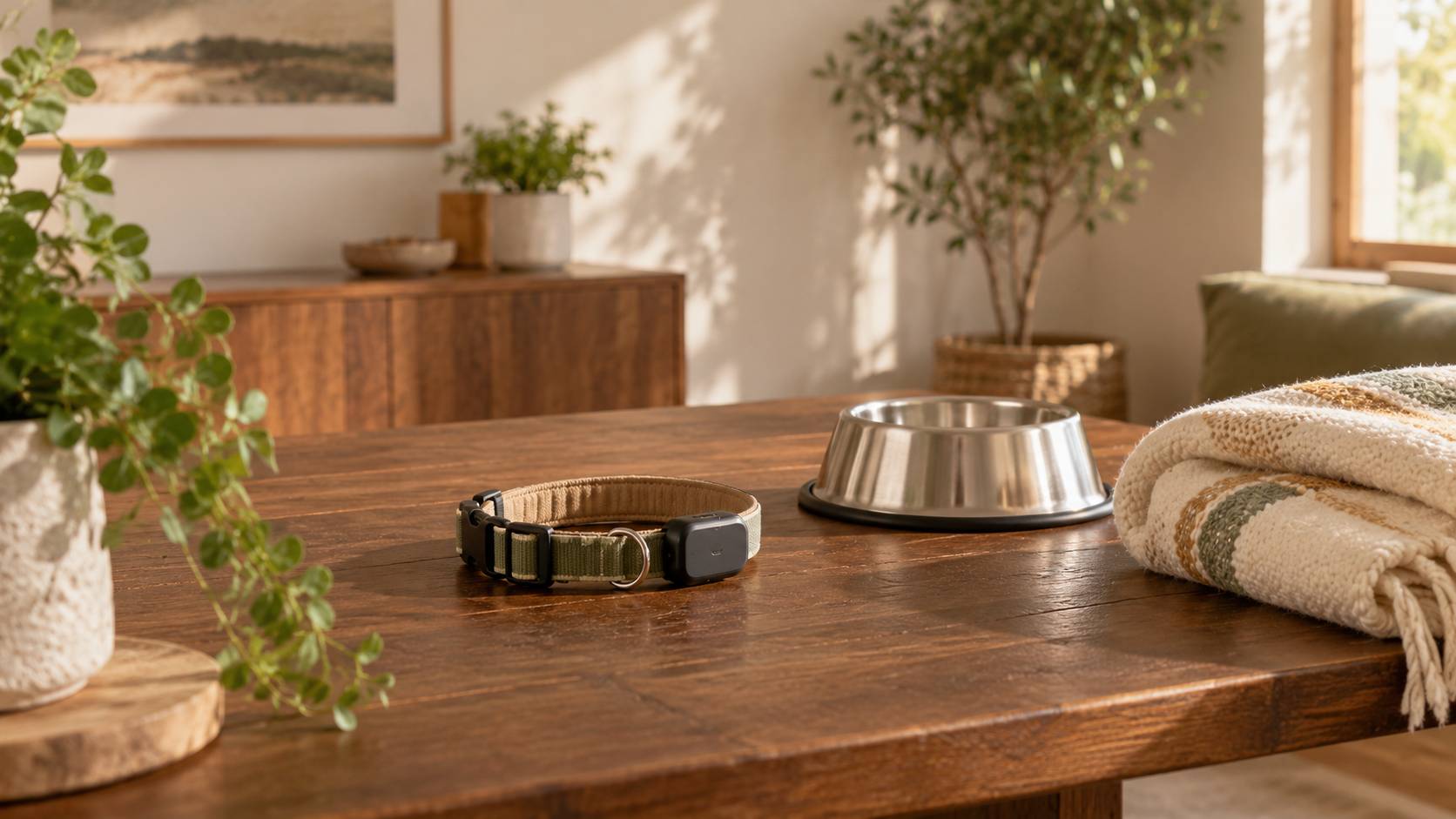 Collier pour chat muni d'un petit boîtier posé sur une table en bois