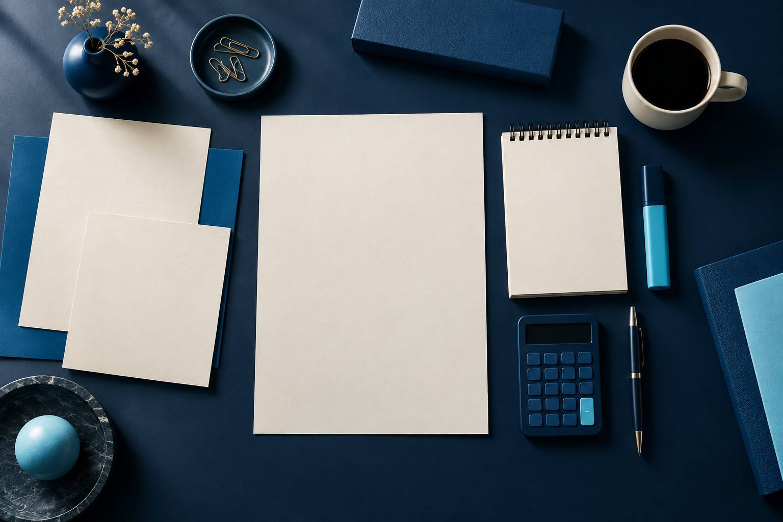 Documents vierges, surligneur et calculatrice sur un plan de travail