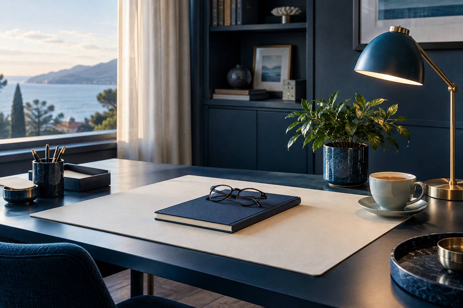 Bureau de lecture avec releve cartonne, lunettes et lampe allumee