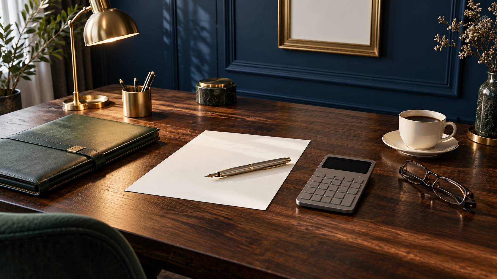 Bureau en bois avec feuille blanche, stylo plume, calculatrice et lampe de bureau
