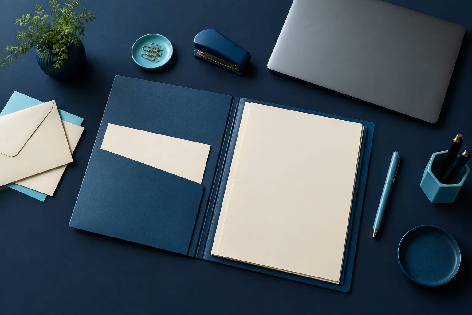 Plan de travail avec dossier ouvert, enveloppes et ordinateur portable eteint