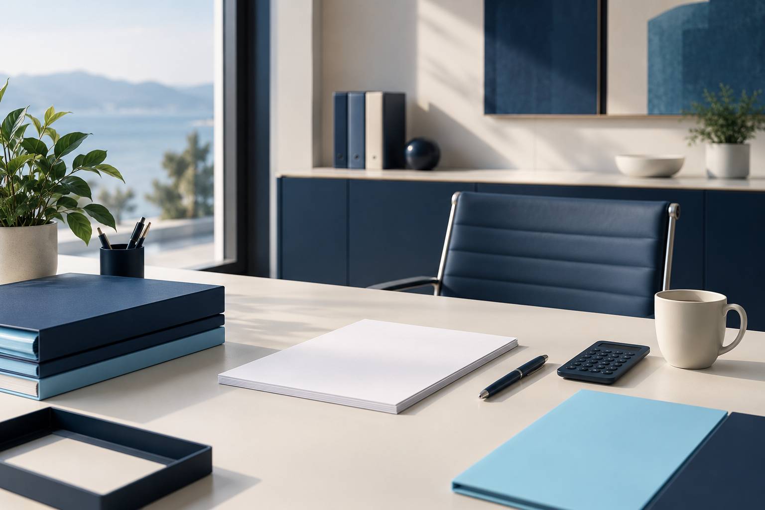 Bureau avec chemises empilees, stylo et calculatrice pour un dossier administratif
