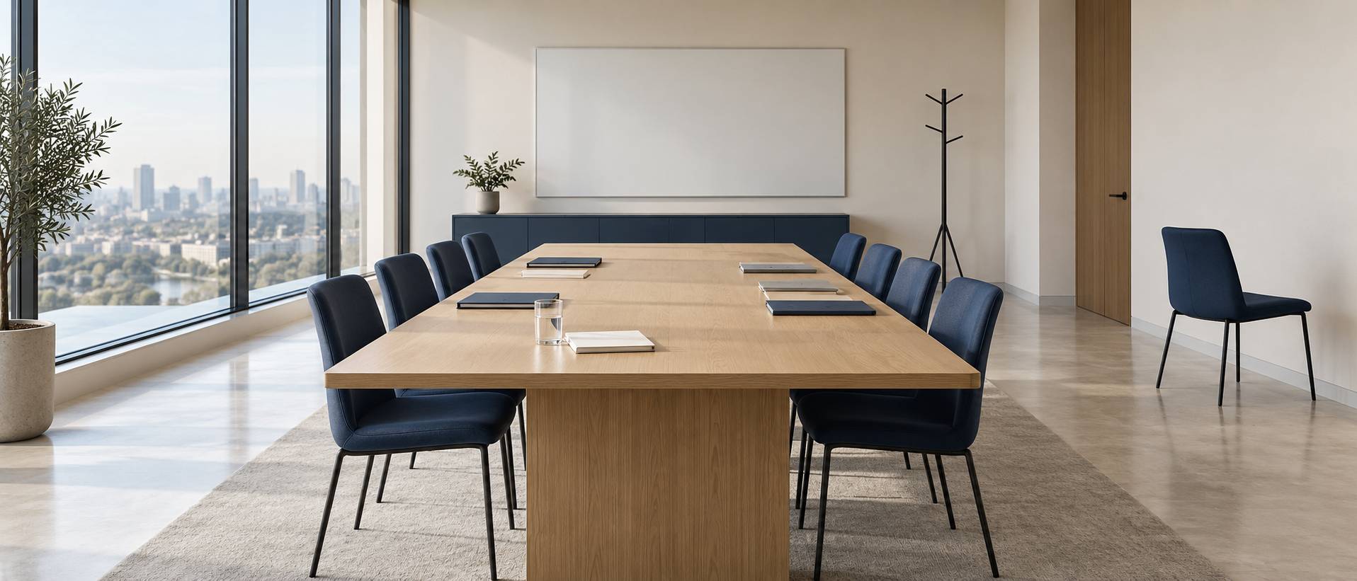 Chaise nettement écartée d'une table de réunion dans une salle claire et vide