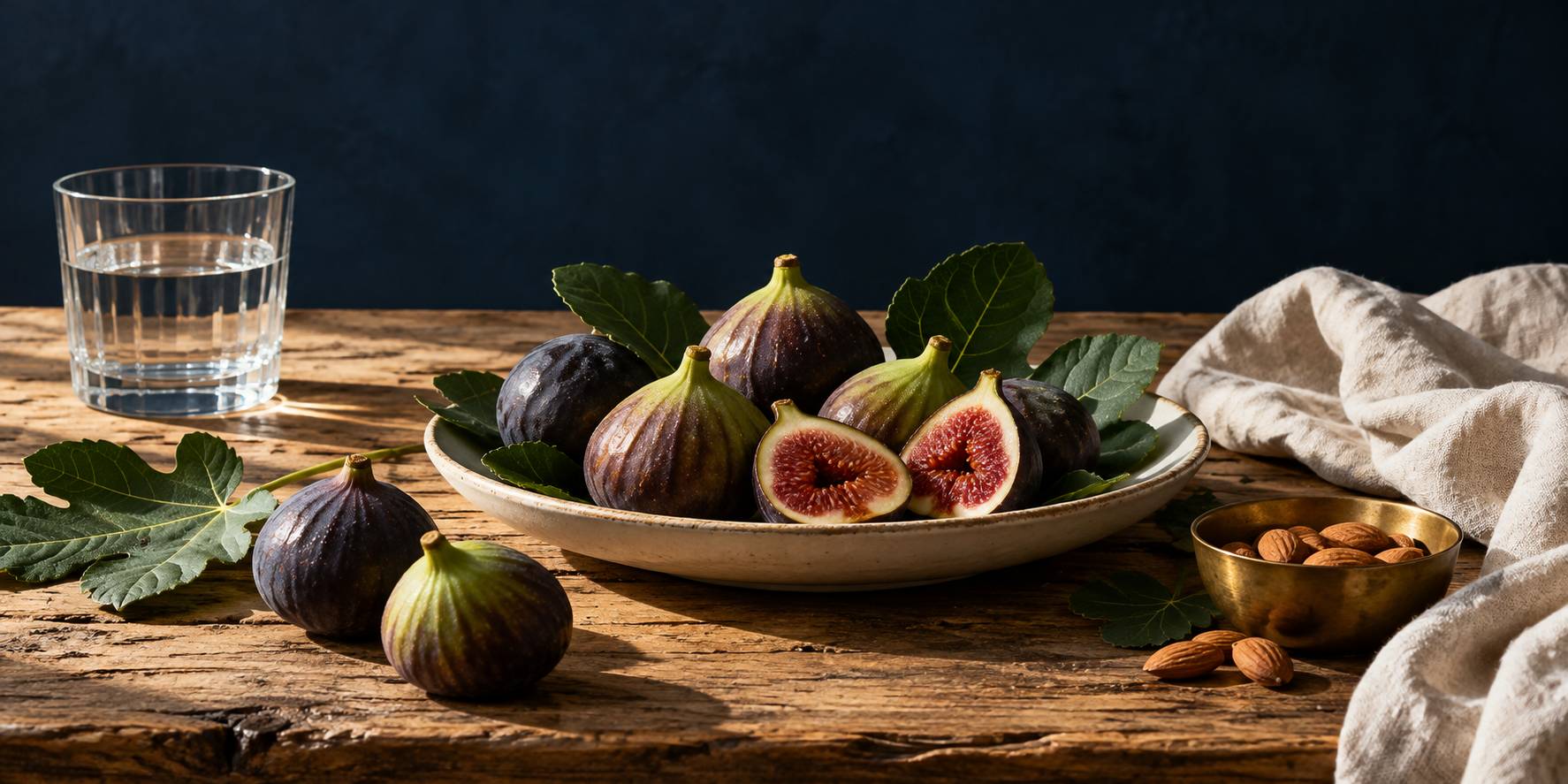 Figues fraîches coupées sur une assiette ivoire, feuilles de figuier et amandes sur bois brut
