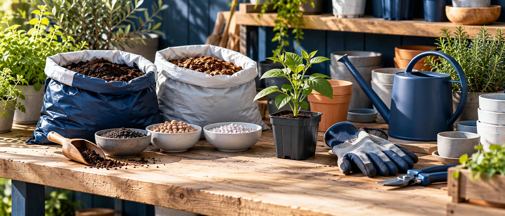 Sacs de terreau ouverts et granulés dans des coupelles sur un établi de jardin