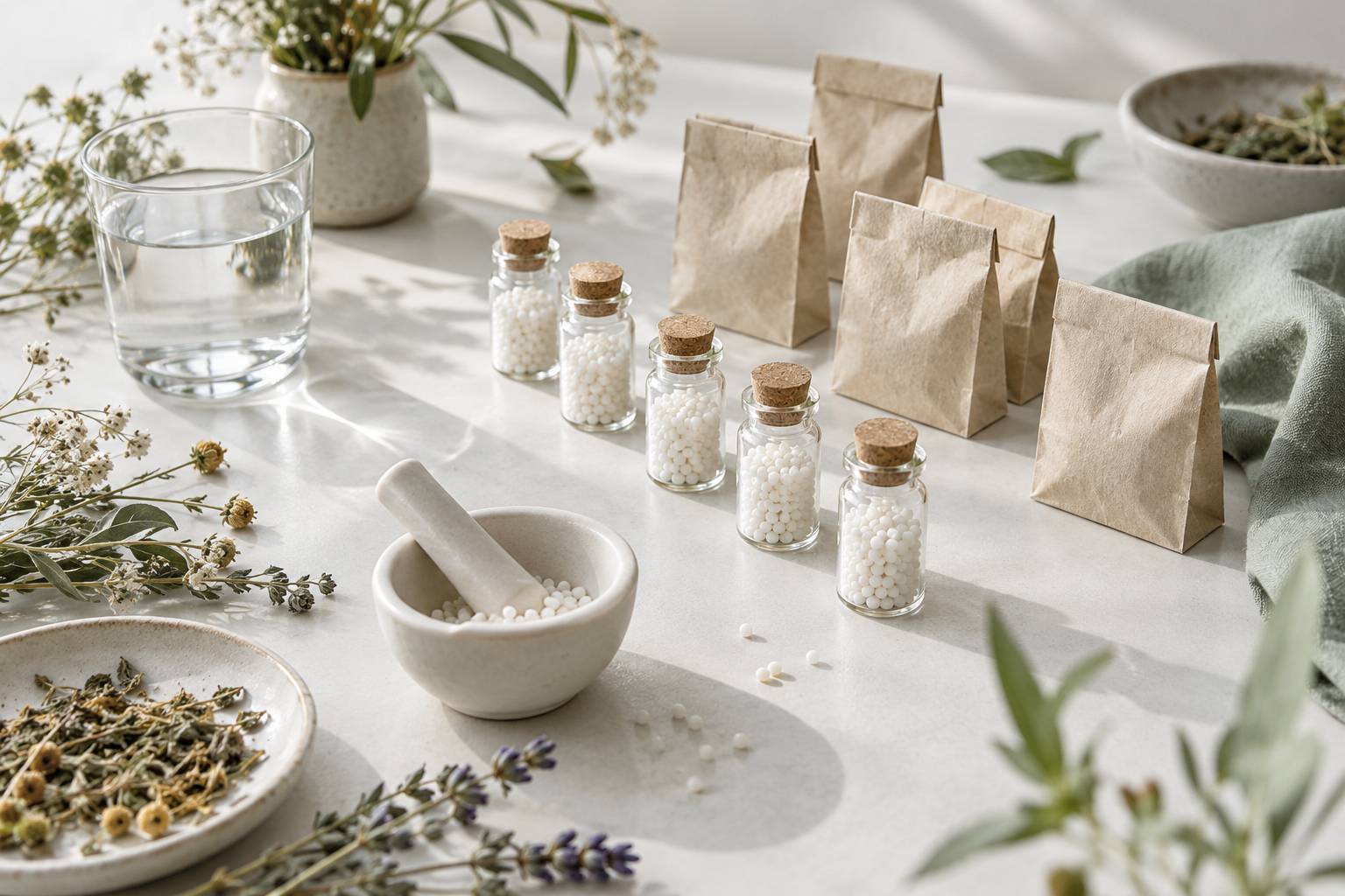 Flacons et sachets de granules homéopathiques avec plantes séchées sur une table