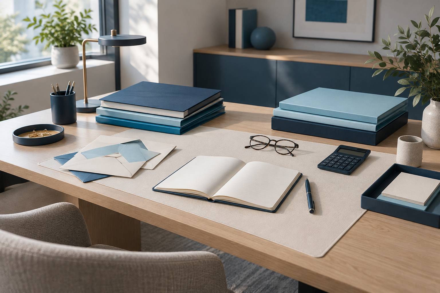 Bureau clair avec chemises de documents, carnet vierge et lunettes de lecture