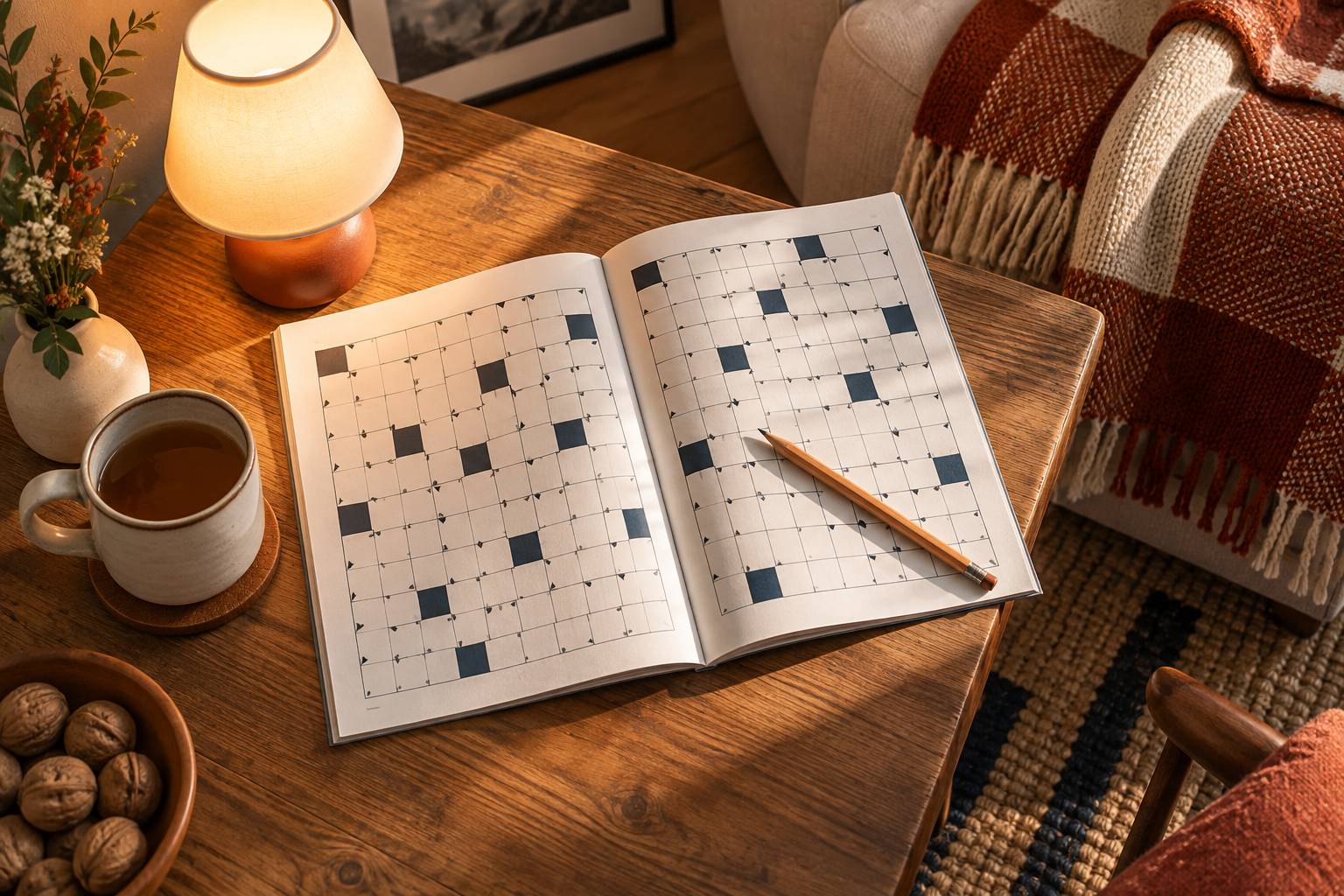 Magazine de jeux ouvert sur une grille de mots fleches avec un crayon et une lampe