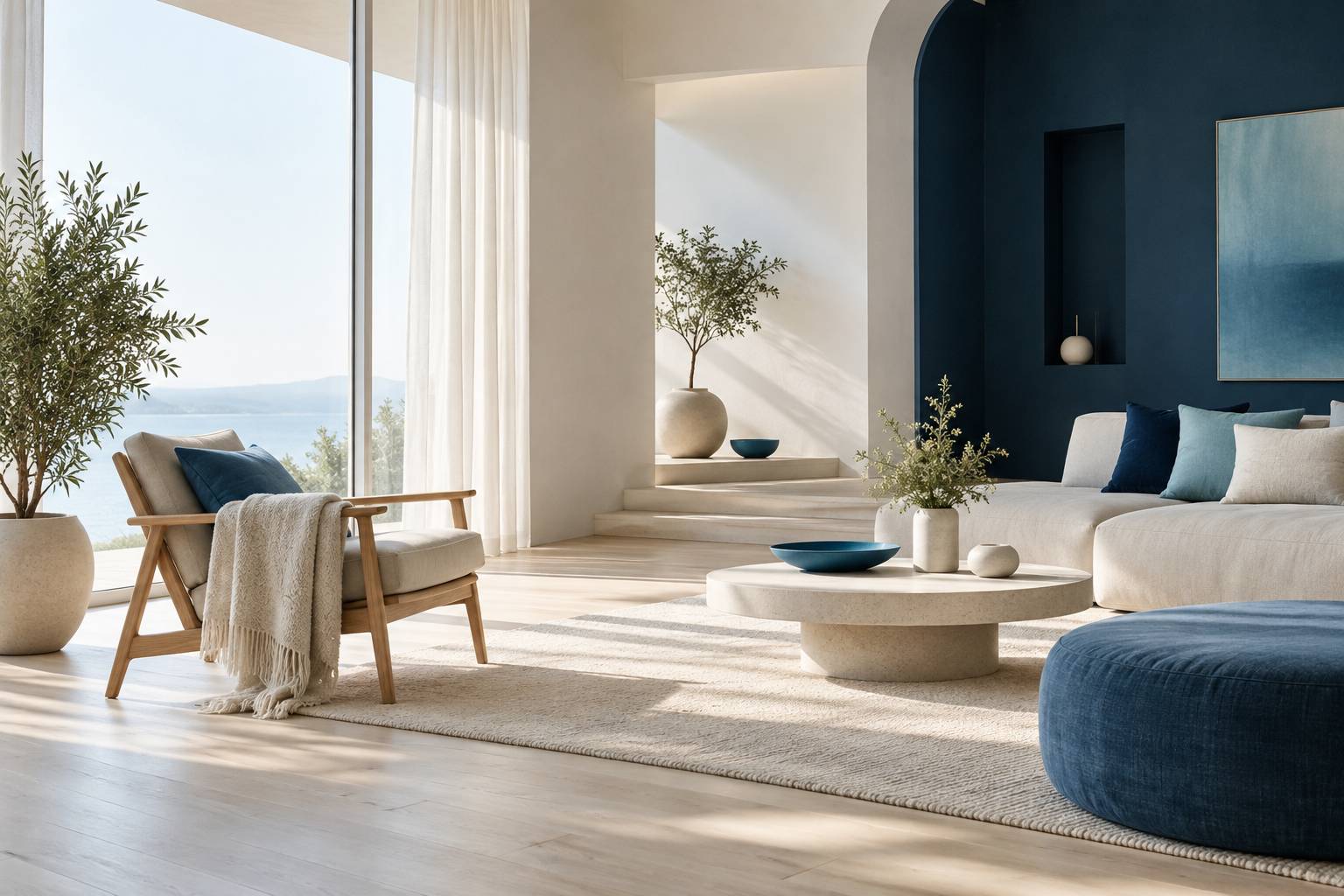 Coin salon lumineux et apaise avec fauteuil en bois et plaid de lin