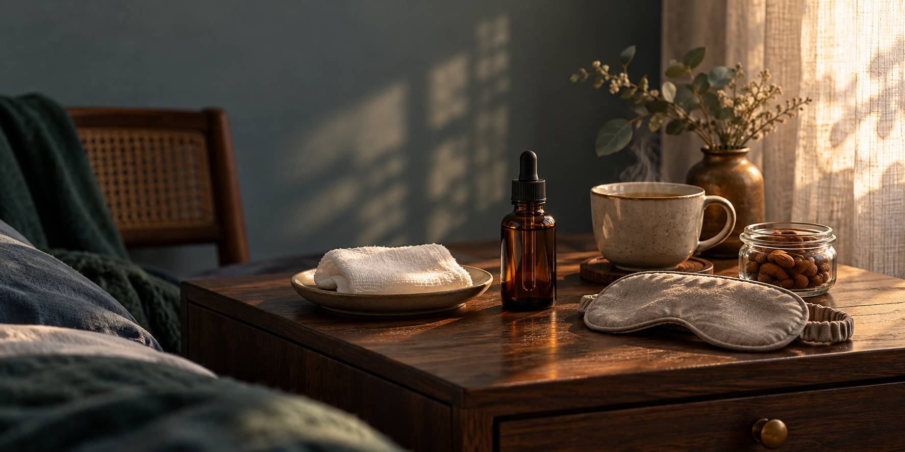 Flacon compte-gouttes sans étiquette, compresse froide et masque de sommeil sur une table de chevet
