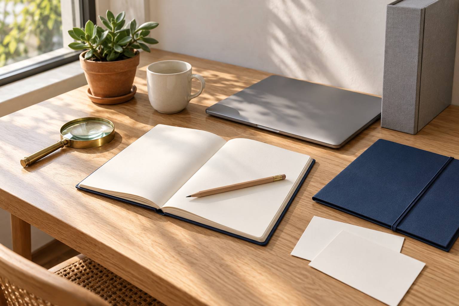 Bureau de travail avec carnet ouvert, loupe, chemise de documents et crayon