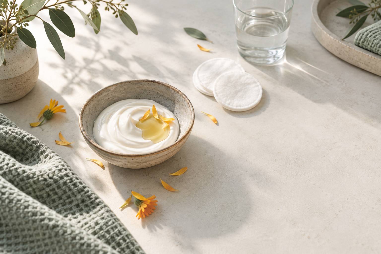 Coupelle de creme naturelle et petales de calendula sur un comptoir clair