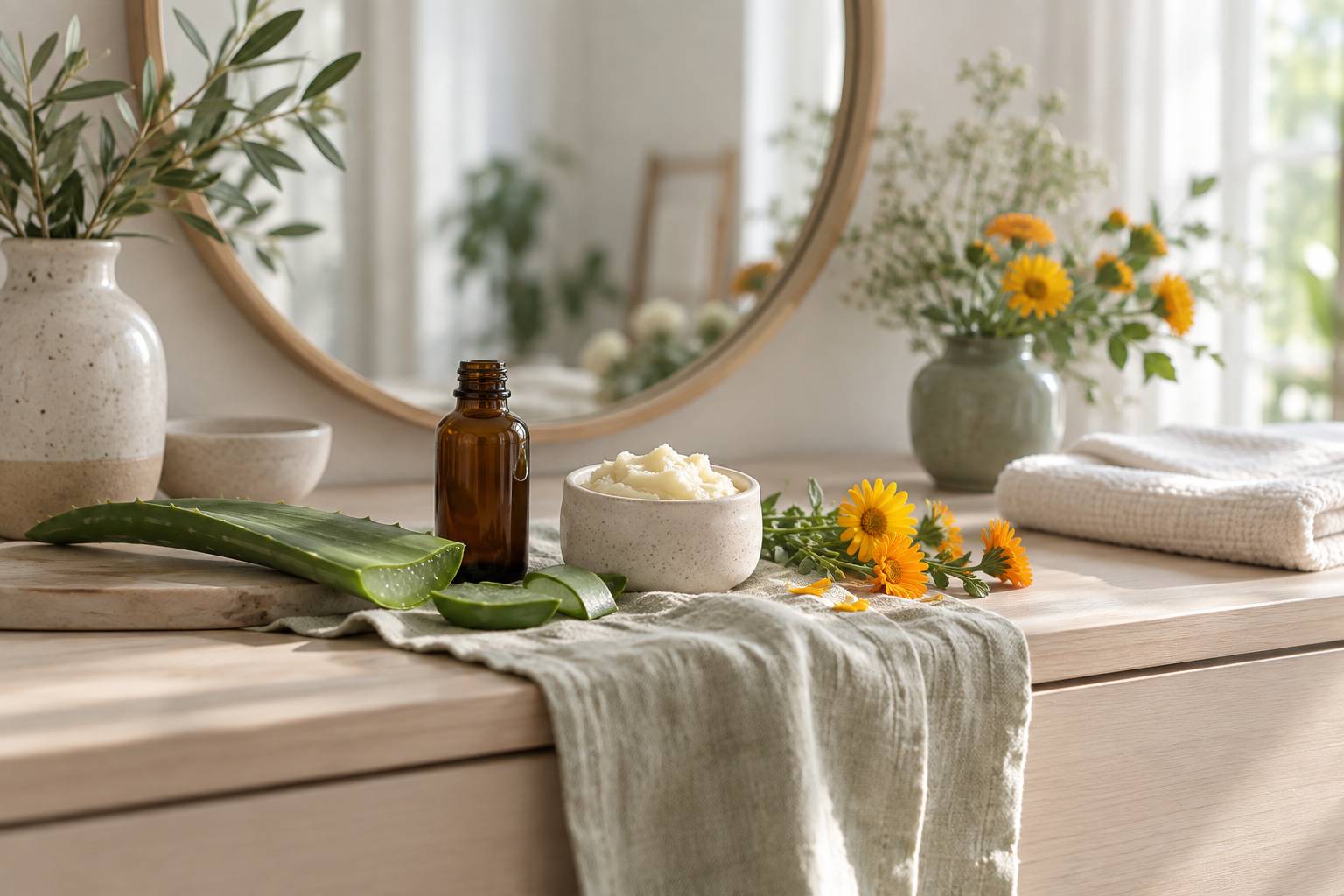 Coin de coiffeuse avec feuille d'aloe vera, flacon ambre et pot de beurre de karite