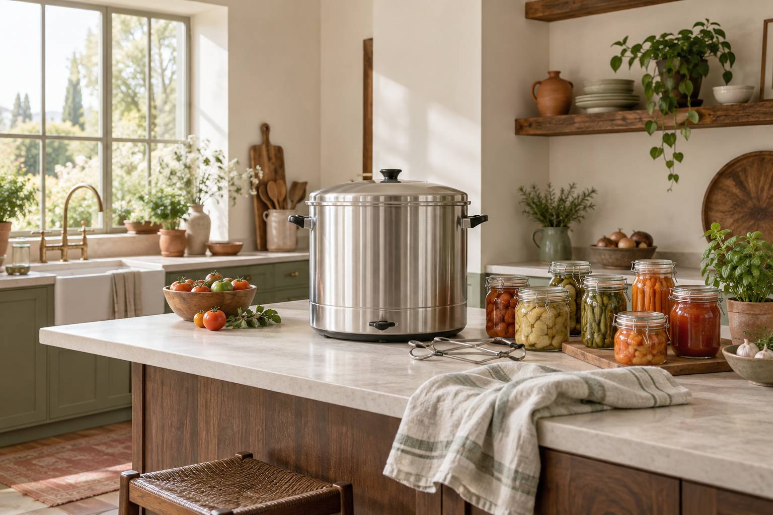 Sterilisateur electrique en inox et bocaux de conserves sur un plan de cuisine clair
