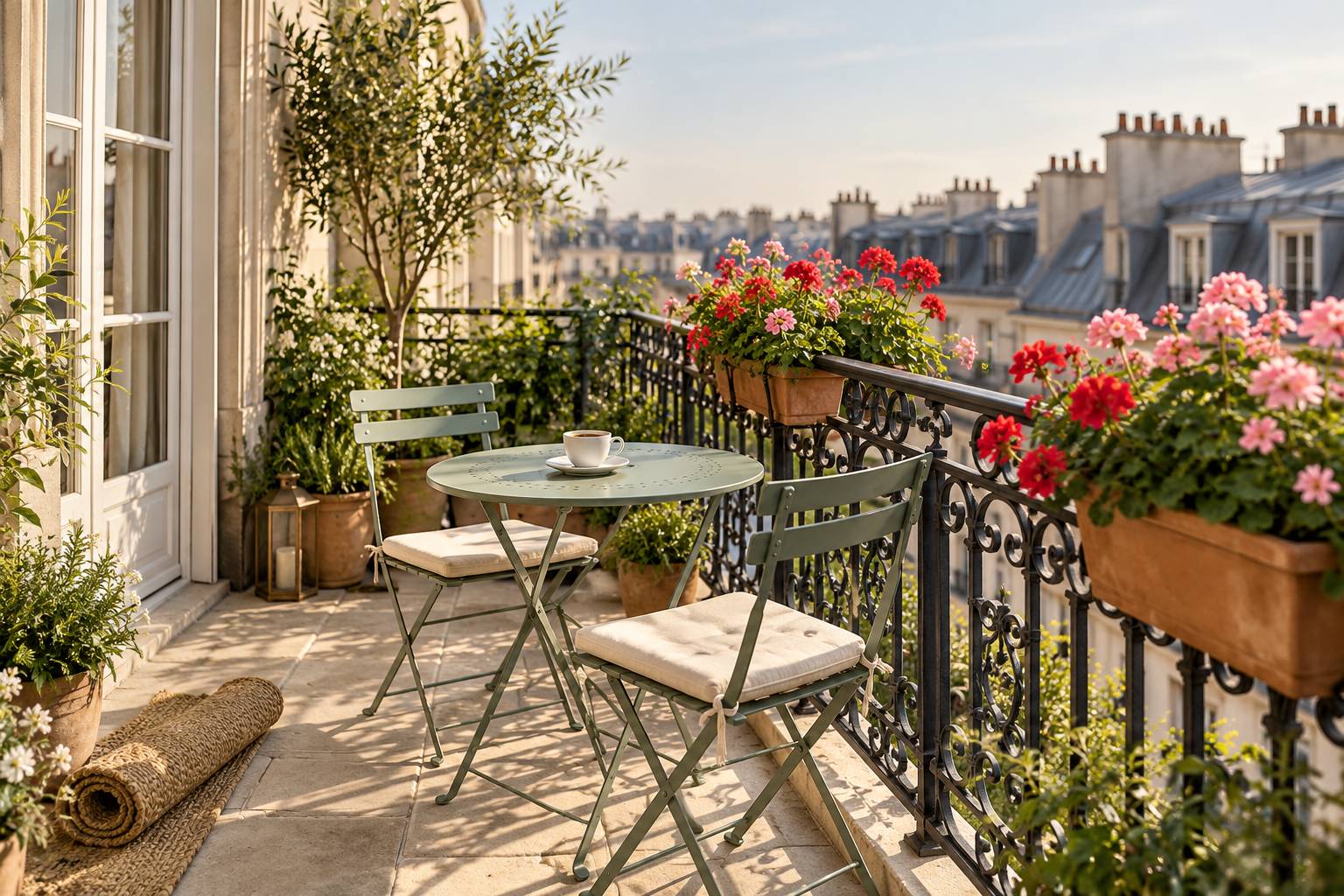 Petite table de balcon verte avec deux chaises pliantes et géraniums en pot