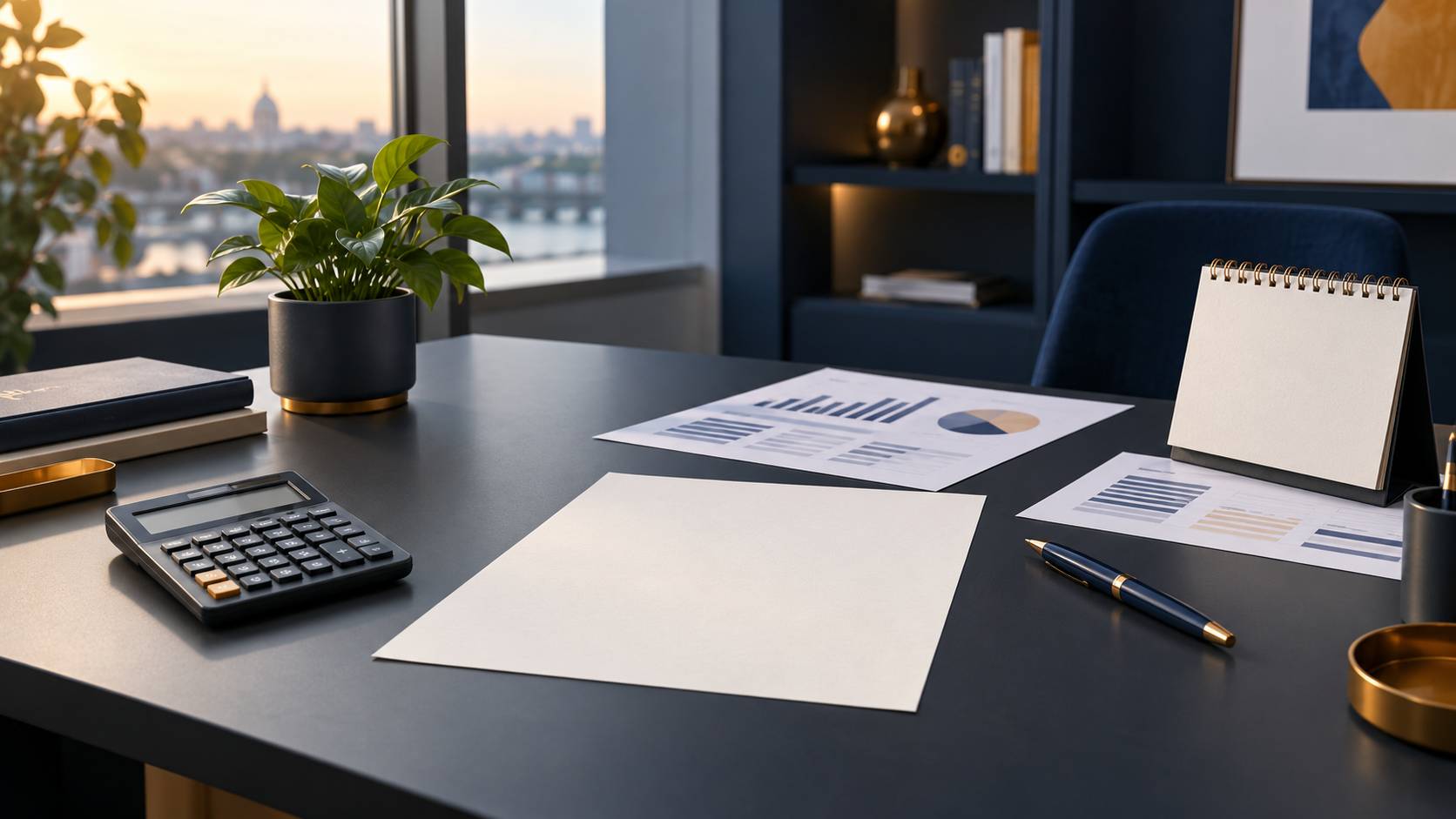 Plan d'épargne vierge, calculatrice et plante sur un bureau